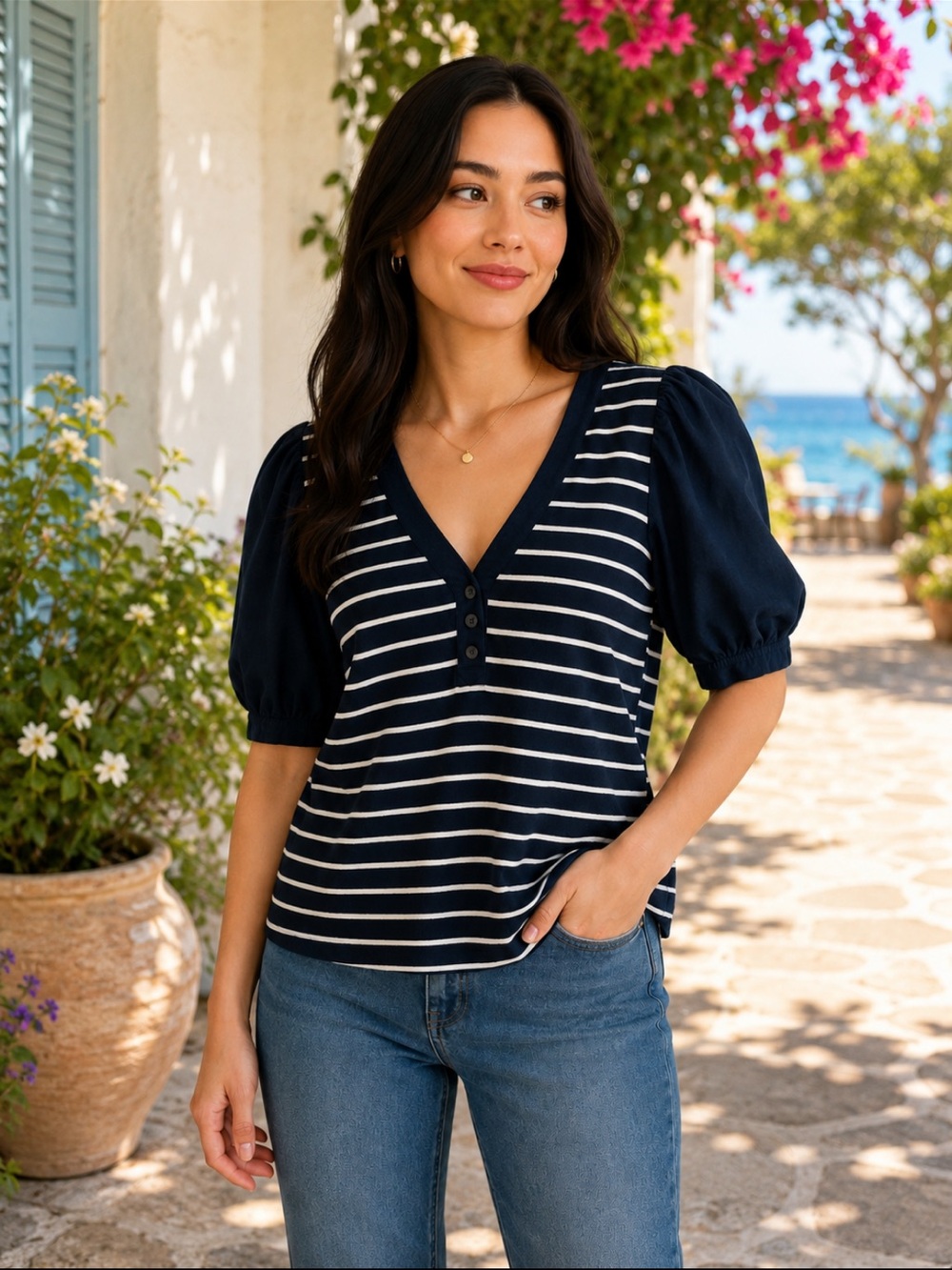 Loft Striped Short Sleeve Blue Top